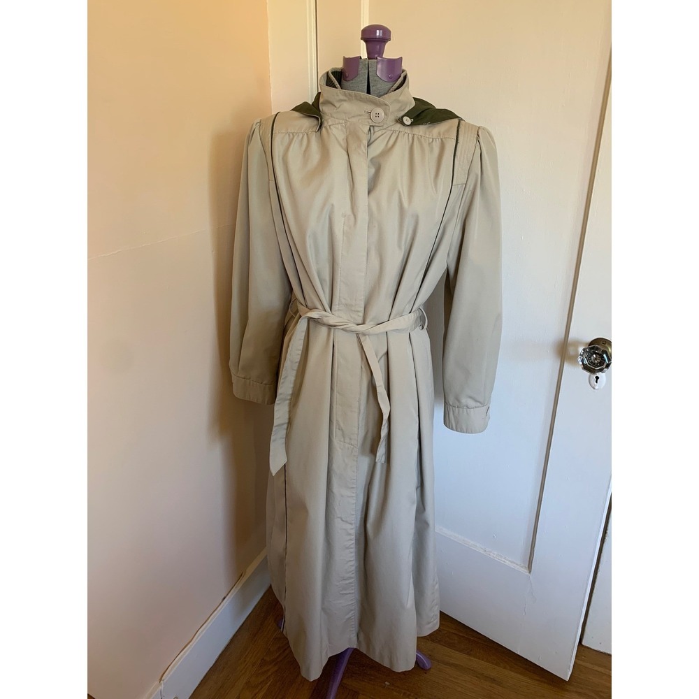 Vintage 80s Beige Trench Coat Green Accents & Hood Size 14 Duster Length Belt